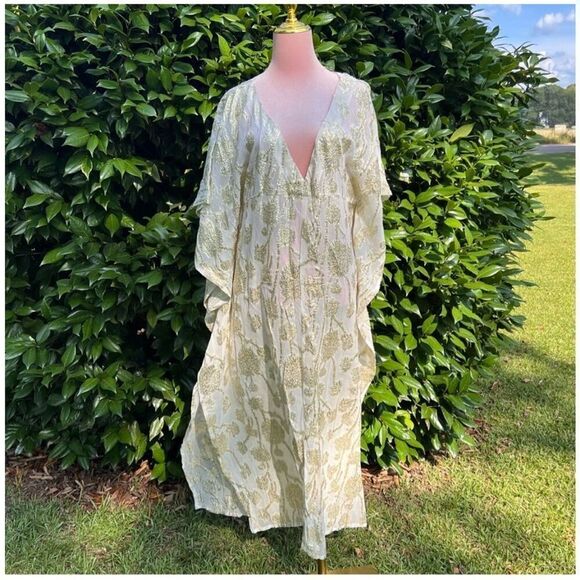 Muche et Muchette Taki Metallic Thread Floral Print Kaftan Maxi in Cream/Gold.